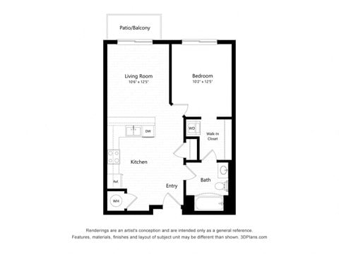 Floor plan for 1 bed, 1 bath, 647 sqft